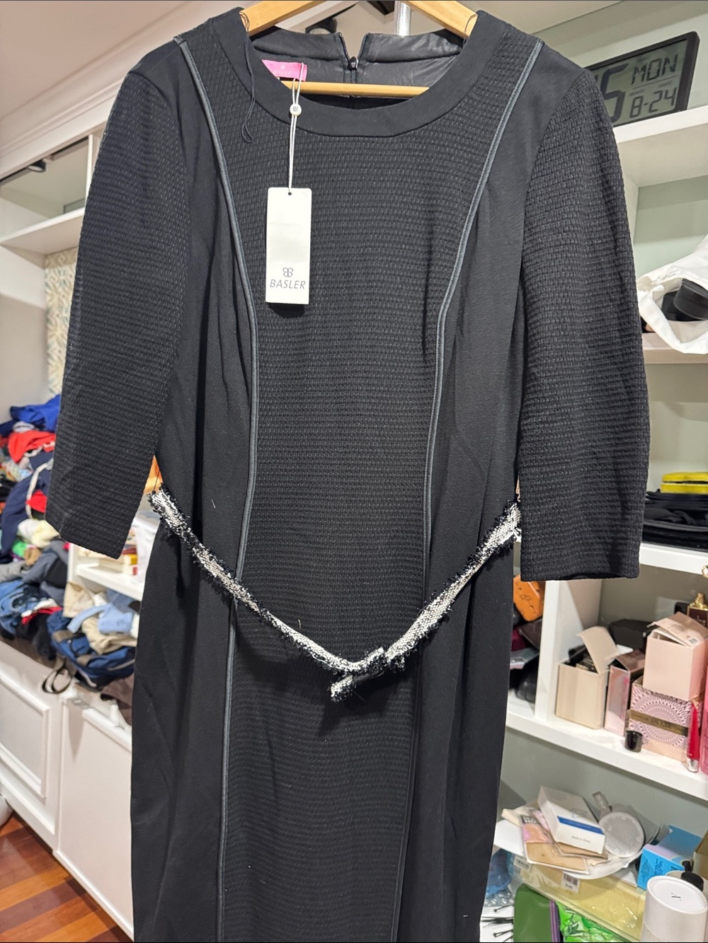 Basler Black Textured Midi Dress with Braided Waist Trim